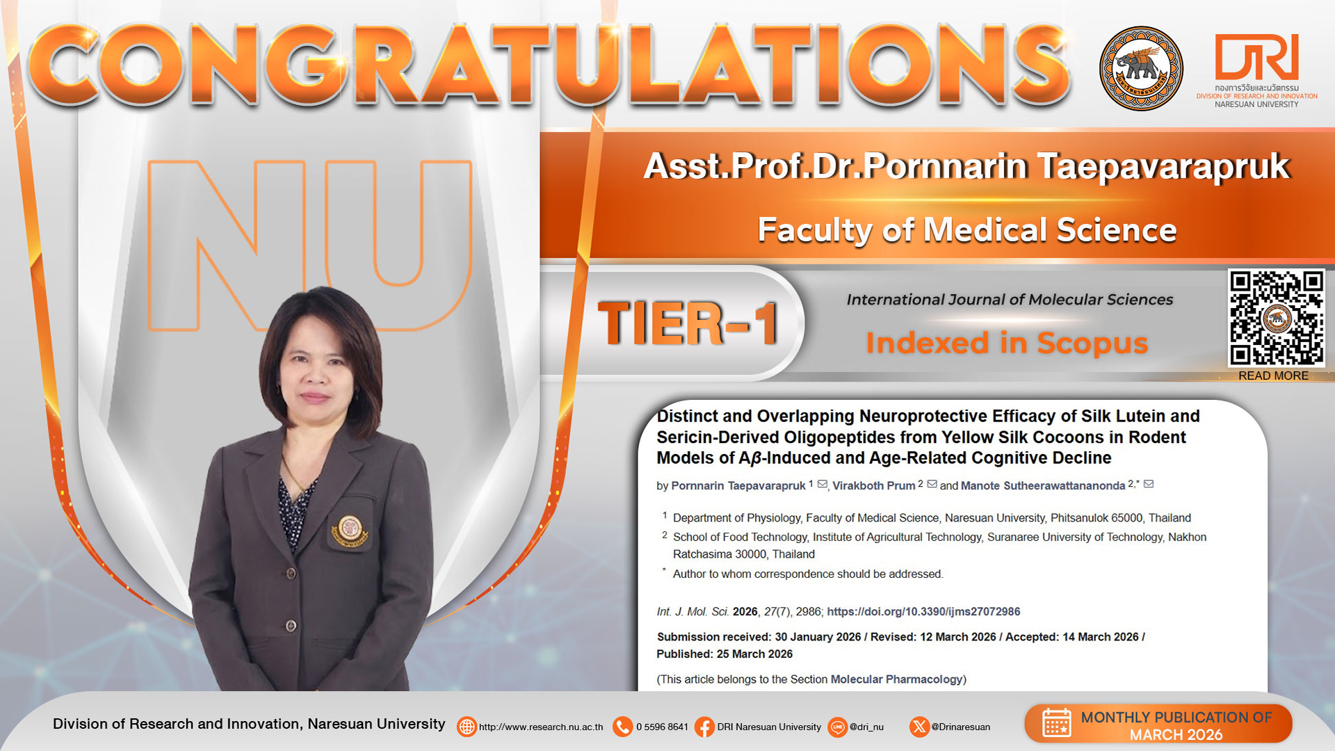 Congratulations to Asst.Prof.Dr.Pornnarin Taepavarapruk Published in International Journal on SCOPUS